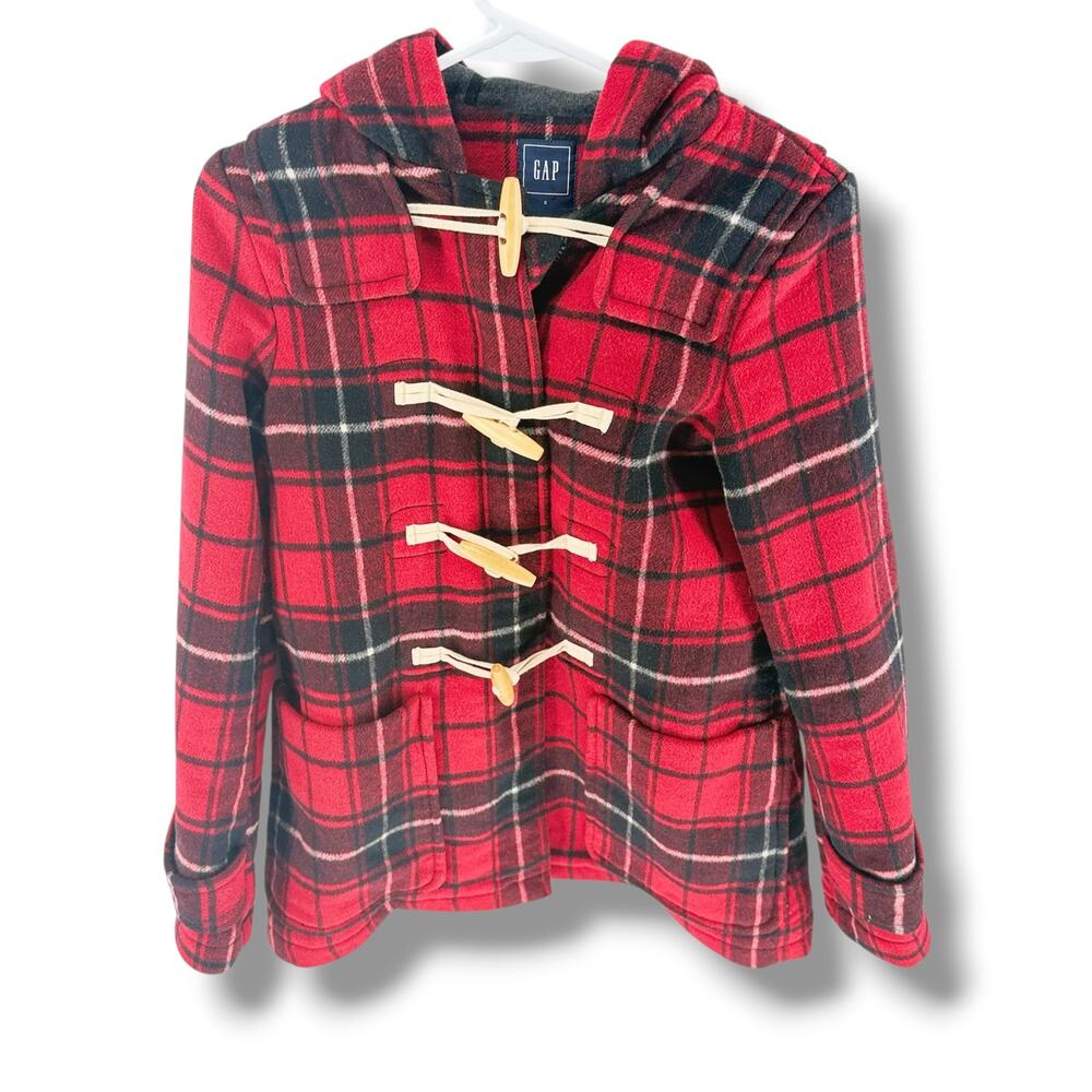 Gap Duffle Coat Womens Small Red Plaid Wool Hooded Toggle Tartan Ivy League